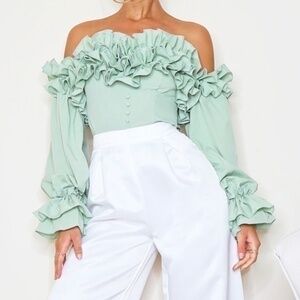 NWT Pretty Little Thing | Sage green ruffle hem off shoulder long sleeve top
